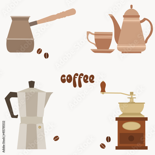 Objects set with lettering, coffee pot, coffee cup, coffee mill and coffee maker on white background.