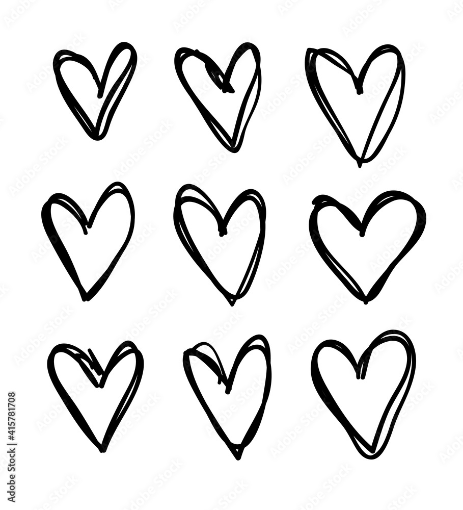 Doodle set of black and white pencil drawing objects. Hand drawn abstract illustration grunge elements. Vector abstract hearts for design use.