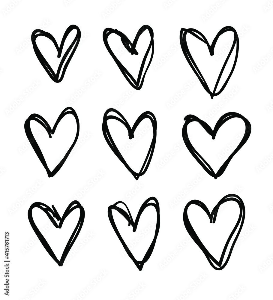 Doodle set of black and white pencil drawing objects. Hand drawn abstract illustration grunge elements. Vector abstract hearts for design