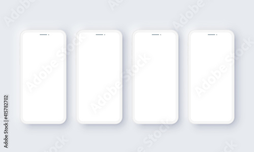 Realistic iPhone Four Mobile Phone Neomorphism Template Mockup Vector. White 3D Front Design