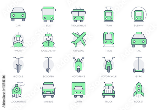 Transport front view simple line icons. Vector illustration with minimal icon - ship, bus, van, scooter, tram, airplane, subway, trolleybus, underground. Green Color Editable Stroke