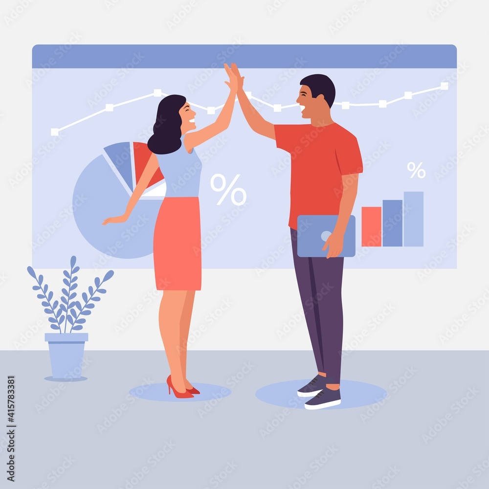 Business teamwork concept.Businessman giving high five to his partner businesswoman. Business concept of cooperation, partnership, celebration, enjoyment.