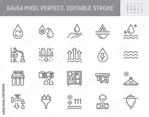 Water desalination line icons. Vector illustration include icon reverse osmotic filter, electrodialysis, evaporate, drop outline pictogram for rainwater cleansing. 64x64 Pixel Perfect Editable Stroke