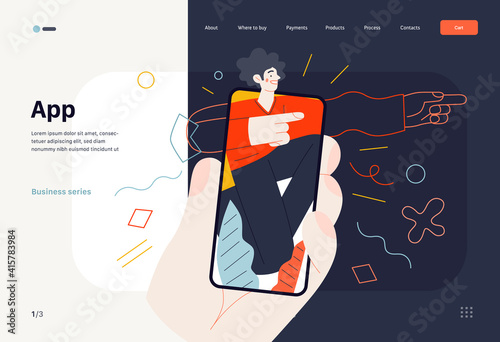 Business topics -mobile application, web template, header. Flat style modern outlined vector concept illustration. A hand holding a smartphone with young man, pointing the direction. Business metaphor