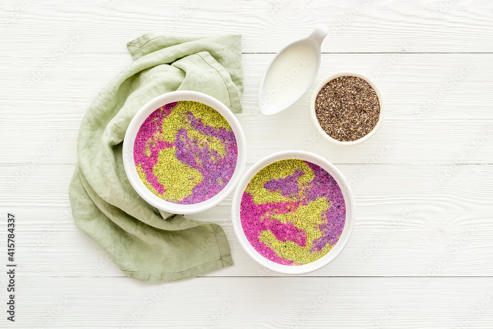 Smoothie bowles with chia seeds and strawberries, top view Smoothie bowles with chia seeds and strawberries, top view