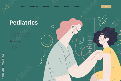 Pediatrics - medical insurance -modern flat vector concept digital illustration - female pediatrician carrying out the auscultation of a little girl with a stethoscope, medical office or laboratory