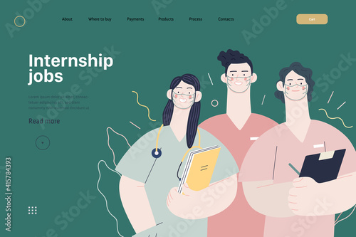Medical insurance -internship jobs -modern flat vector concept digital illustration - young medical specialists standing together, team of interns concept, medical office or laboratory
