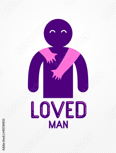 Loved man with care hands of a lover woman hugging and caresses his shoulders, vector icon logo or illustration in simplistic symbolic style.
