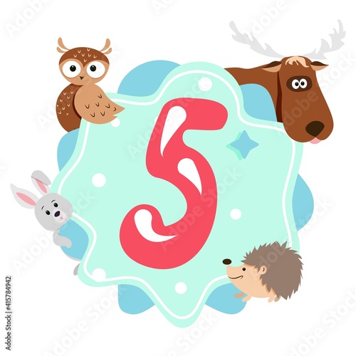 Greeting card for 5 years old child with forest animals - owl, moose, hare and hedgehog, template. Cute vector illustrations in cartoon style. Baby's birthday celebration