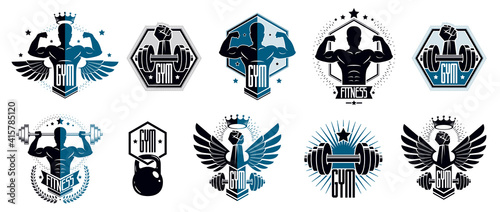 Fotografia Gym fitness sport emblems and logos vector set isolated with barbells dumbbells kettlebells and muscle body man silhouettes and hands, athletics workout sport club, active lifestyle