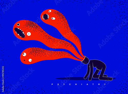 Psychical problems such as phobia psychosis schizophrenia hallucinations vector concept illustration in flat trendy style, psychiatry and psychology allegory, man with monster from his head.