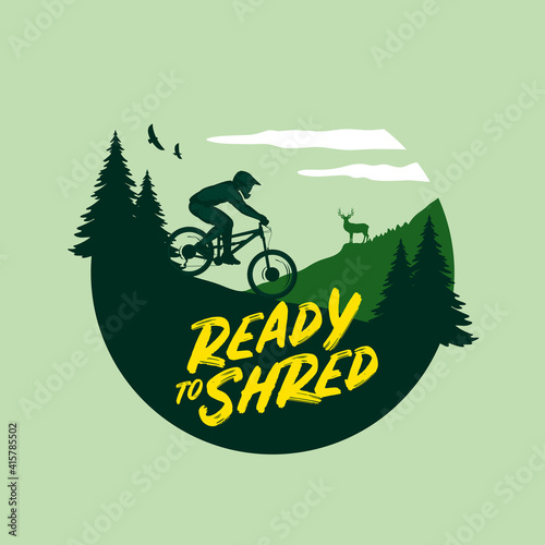 Vector mountain biking illustration with a rider, mountains, and pine trees