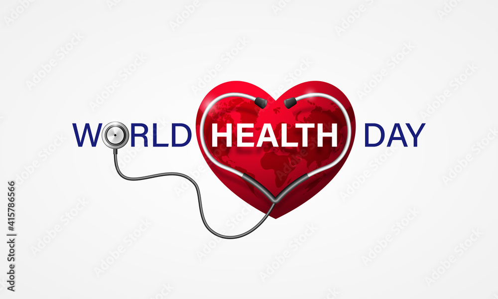 World health day concept with doctor stethoscope and heart with earth map. Vector illustration.