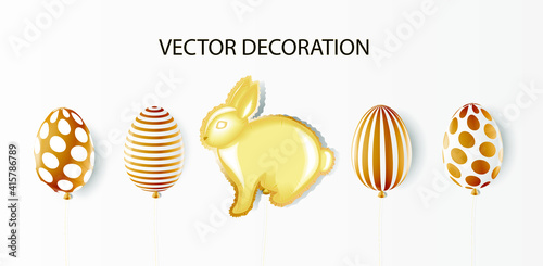 Golden helium balloons in the shape of an Easter bunny and eggs. Foil and latex balloons. Celebrating Easter. Realistic 3D vector design elements.
