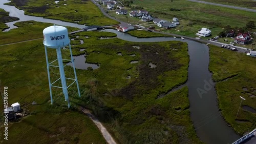 drone shot of Tanger Island off the coast of Virginia. A small fishing town.