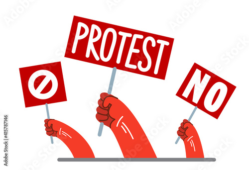 Raised hands with banners showing protest vector flat style illustration isolated on white, social rage and political revolution concept.