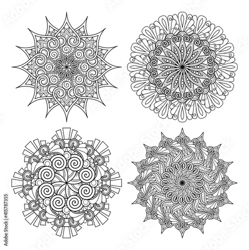 Vector Monochrome Set of Mandalas. Round Abstract Objects Isolated On White Background. Ethnic Decorative Element
