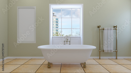 Modern bathroom with large window. 3D rendering.