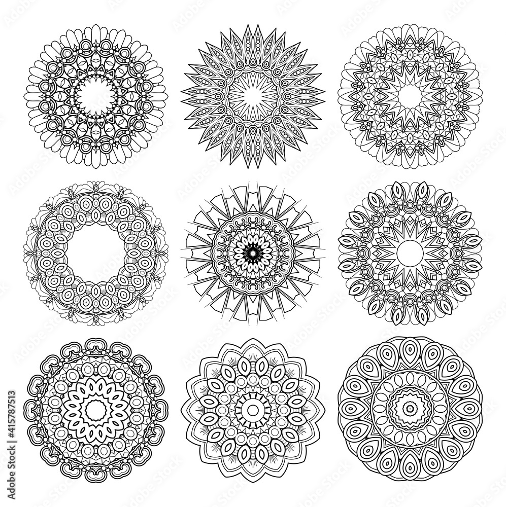 Vector Monochrome Set of Mandalas. Round Abstract Objects Isolated On White Background. Ethnic Decorative Element Vector Monochrome Set of Mandalas. Round Abstract Objects Isolated On White Background. Ethnic Decorative Element