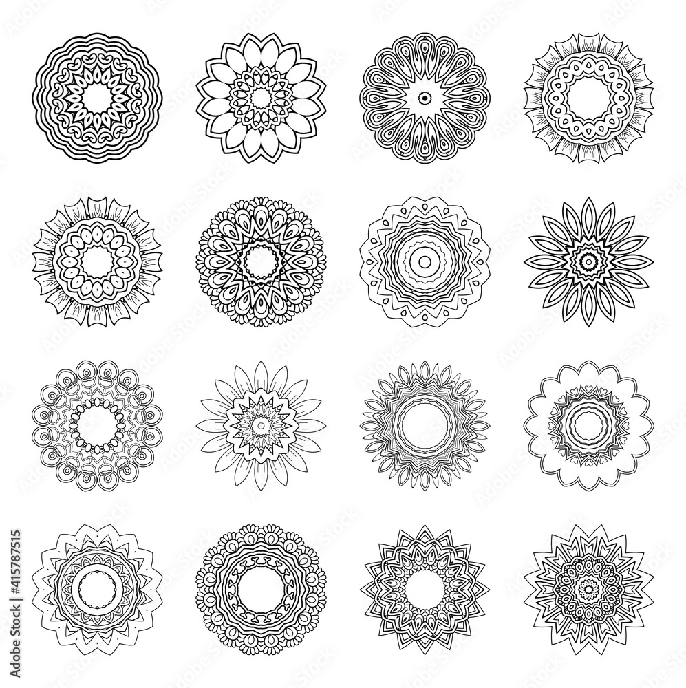 Vector Monochrome Set of Mandalas. Round Abstract Objects Isolated On White Background. Ethnic Decorative Element Vector Monochrome Set of Mandalas. Round Abstract Objects Isolated On White Background. Ethnic Decorative Element