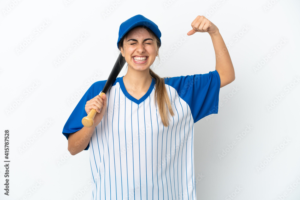 Young caucasian woman playing baseball isolated on white background doing strong gesture Young caucasian woman playing baseball isolated on white background doing strong gesture