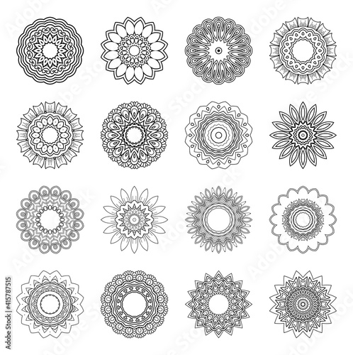 Vector Monochrome Set of Mandalas. Round Abstract Objects Isolated On White Background. Ethnic Decorative Element