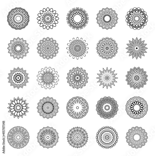 Vector Monochrome Set of Mandalas. Round Abstract Objects Isolated On White Background. Ethnic Decorative Element
