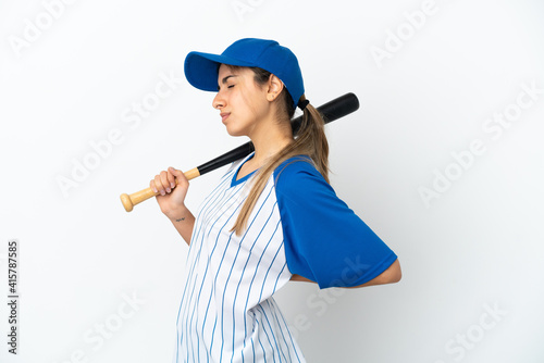 Wall Mural Young caucasian woman playing baseball isolated on white background suffering fr