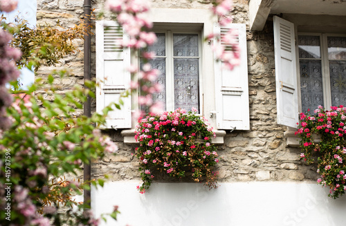 House windows with shutters and flowers