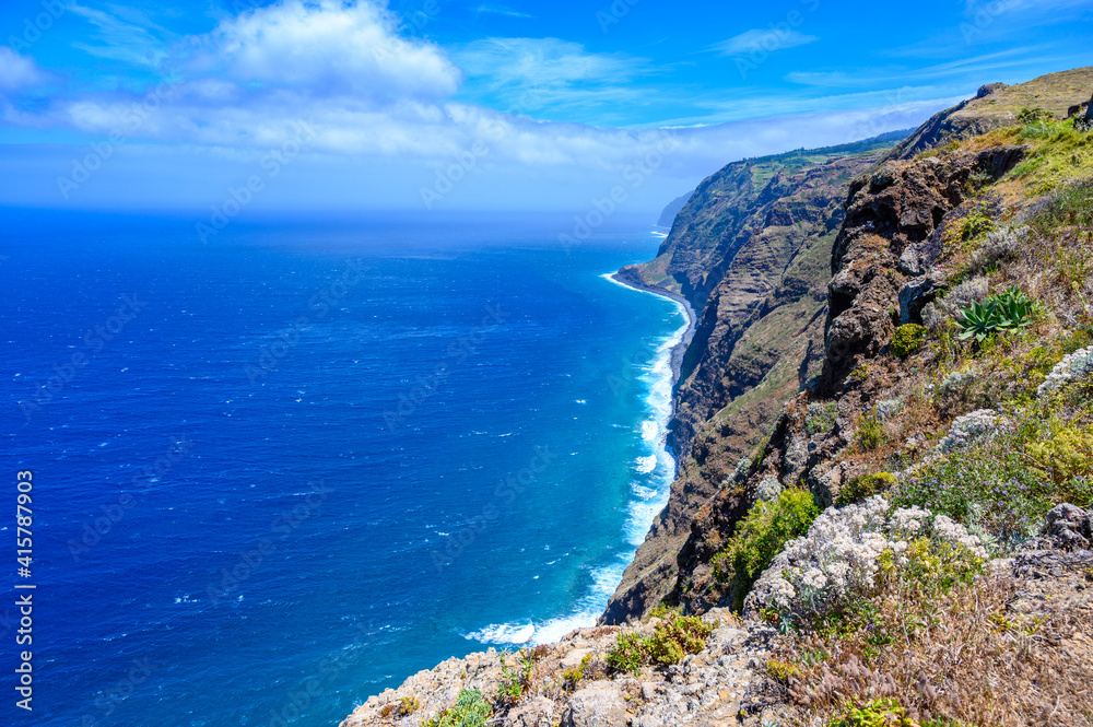 Fototapeta premium Panoramic view from Lighthouse Ponta do Pargo to the beautiful coast of Madeira island, Portugal