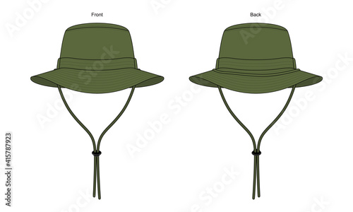 Olive Green Bucket Hat With Mesh on Side, Cord, and Stopper Toggle Template on White Background. Front and Back View, Vector File.
