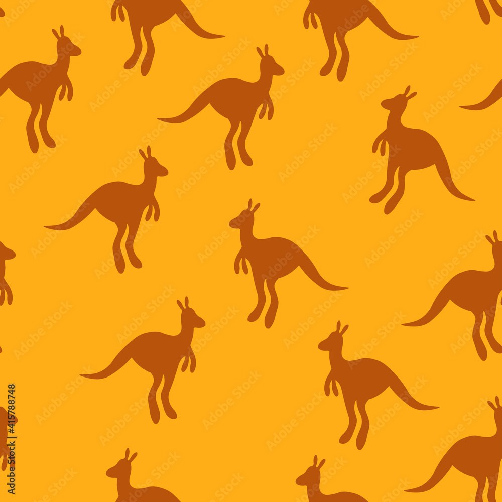 Vector flat illustration with silhouette kangaroo and baby kangaroo on fiery background. Seamless pattern on orange background. Design for card, poster, fabric, textile. Pray for Australia and animals Vector flat illustration with silhouette kangaroo and baby kangaroo on fiery background. Seamless pattern on orange background. Design for card, poster, fabric, textile. Pray for Australia and animals