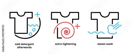 Set of washing and laundry icons. Such Icons include topics such as adding detergent, spinning and steam washing. Colorful wash icon set. Editable Stroke. Logo, web and app and similar icon design.