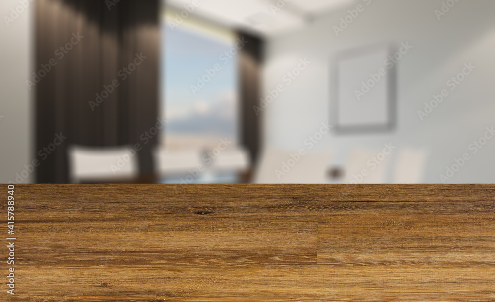 Background with empty wooden table. Flooring. Elegant office interior. Mixed media. 3D rendering.. Mockup.   E
