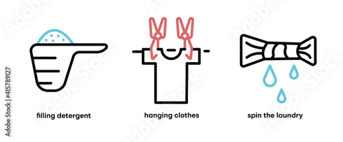 Set of washing and laundry icons. Such Icons include topics such as detergent container, hanging clothes and spinning the clothes. Colorful wash icon set. Editable Stroke. Logo, web and app.