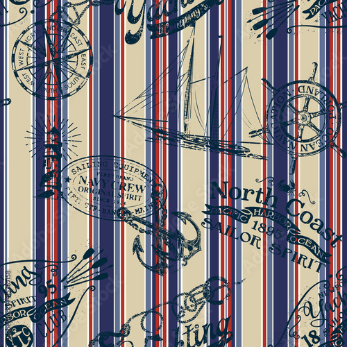Grunge nautical badges and elements with striped background vintage marine vector seamless pattern