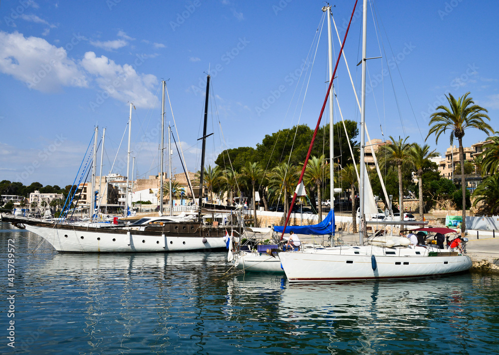 View of sailboats moored in harbor