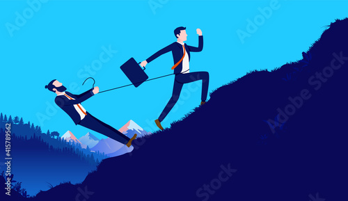 Business disagreement - Businessman holding back colleague with tight rope, restraining him from doing work. Disagreement and conflict concept. Vector illustration. photo