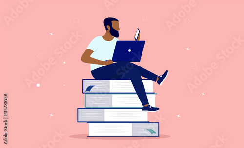 Ethnic man doing online education sitting on books with laptop and smartphone. E-learning, gaining knowledge and self improvement concept. Vector illustration.