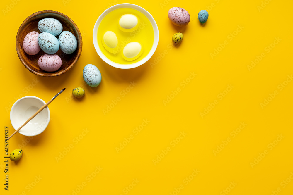 Colored Easter eggs with yellow dye. Top view Colored Easter eggs with yellow dye. Top view