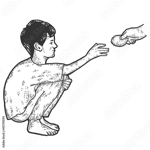 Poverty. Homeless boy pulls his hand for food. Sketch scratch board imitation.
