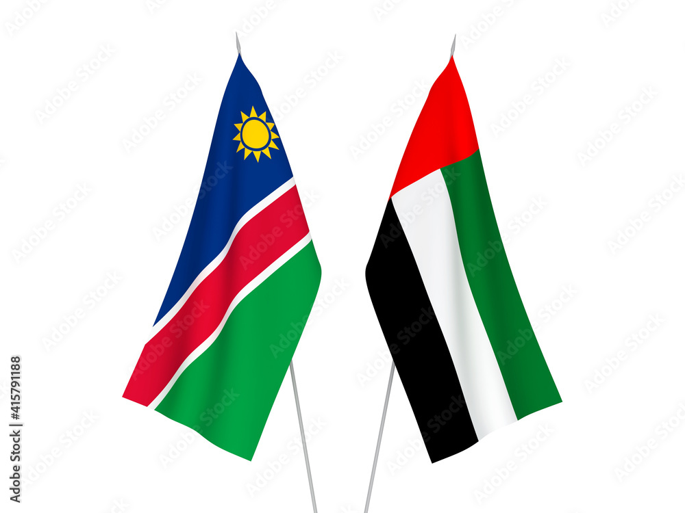 National fabric flags of United Arab Emirates and Republic of Namibia isolated on white background. 3d rendering illustration.