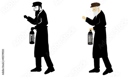An elderly Jewish shamash with a white beard, from the old town. Holds a lantern with a candle in hand. And knocks on windows to wake up Orthodox men for Slichot prays in the month of Elul. vector