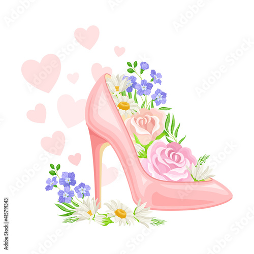High Heeled Pink Shoe with Blooming Flowers Inside and Fluttering Hearts as International Women s Day Holiday Symbol Vector Composition