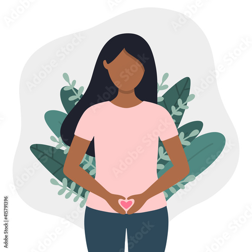 Gynecological health concept vector illustration: early pregnancy, hygiene, menstruation, pain, disease, . Standing black woman with heart shaped hands at belly zone.