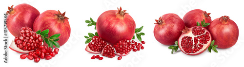 Pomegranate with leaf isolated on white background with clipping path and full depth of field. Set or collection