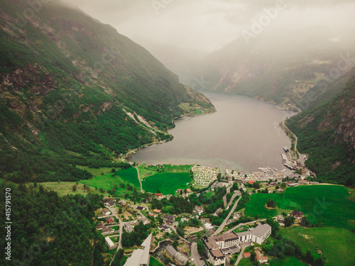 Fjord Geirangerfjord at cloudy day Norway. photo