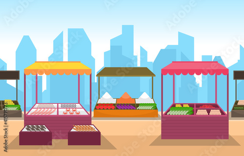 Fototapeta Naklejka Na Ścianę i Meble -  Healthy Fruit Vegetable Store Stall Stand Grocery in City Illustration