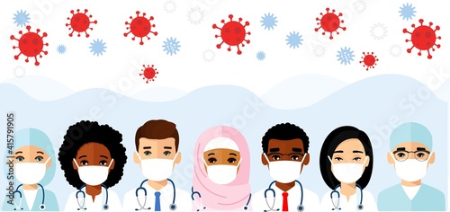 Vector illustration of medical team doctor nurse therapist, hospital workers, group of medics.Protect from coronavirus covid 19. Set of avatar doctors characters in white medical face mask. 