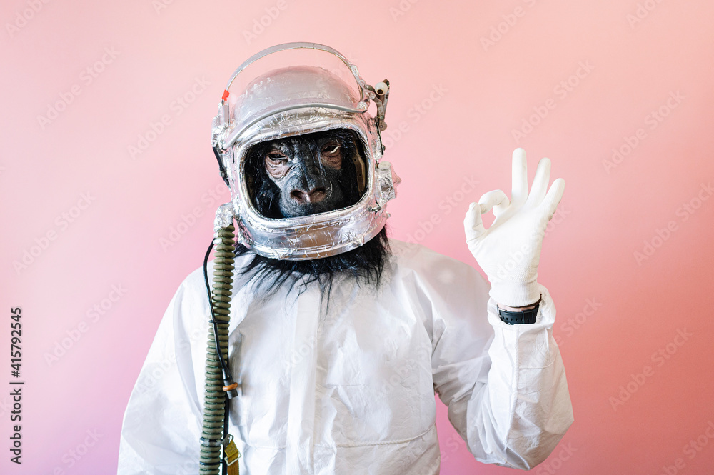 Man with gorilla mask and astronaut helmet holding a poster with a drawn rocket Man with gorilla mask and astronaut helmet holding a poster with a drawn rocket